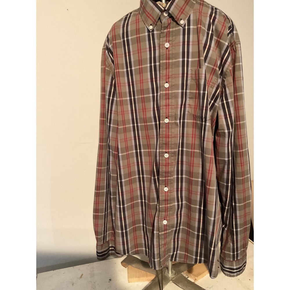 Tailor Vintage Luxe Performance Mens XL Plaid Button Down Olive Red‎ Stretch